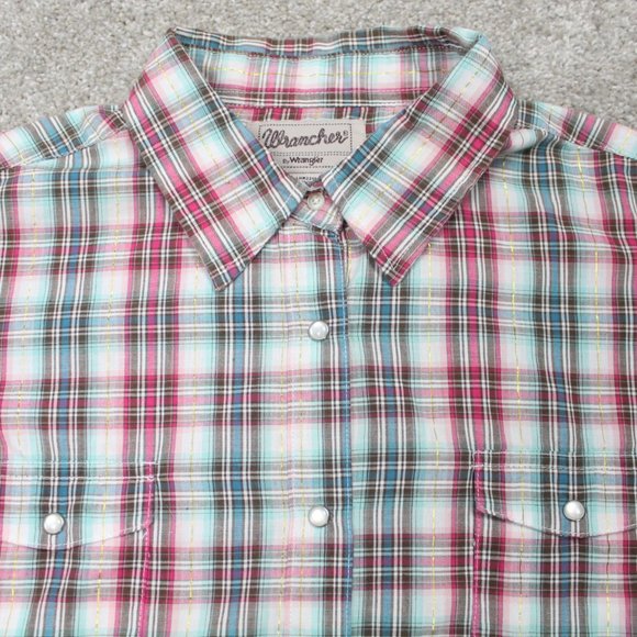 Wrancher Wrangler Pearl Snap Shirt Mens 2XL XXL  Pink/Blue w/Gold Metallic Strip - Picture 7 of 11